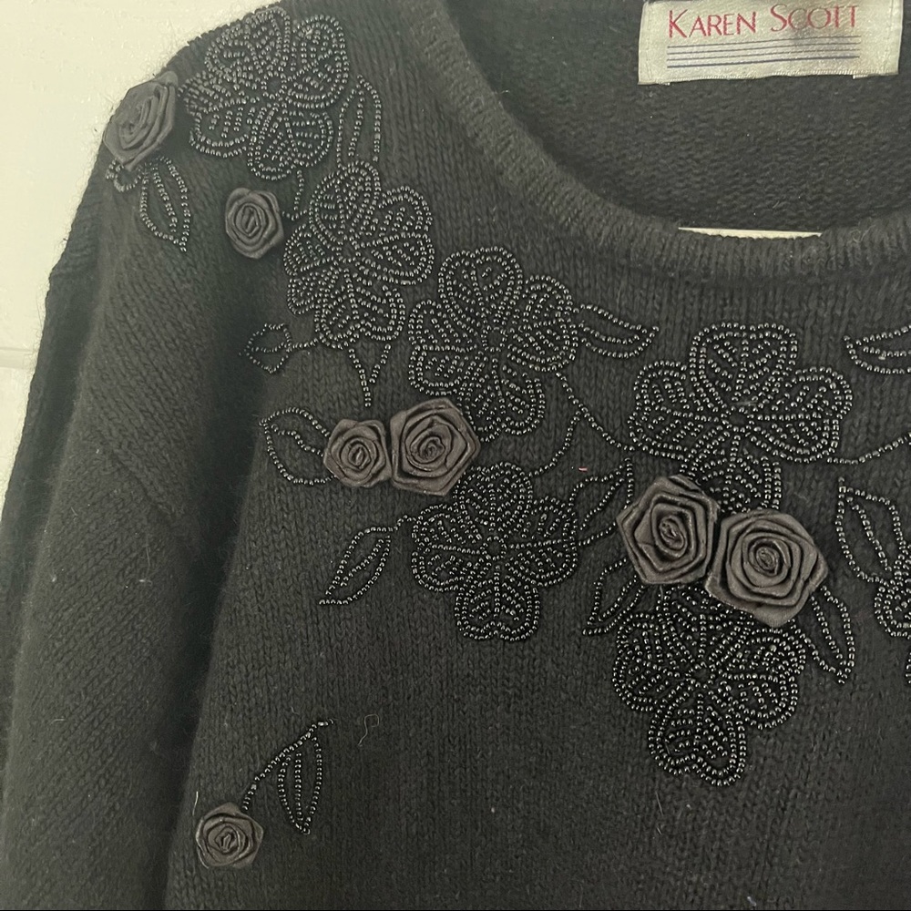 Vintage Karen Scott black rose embroidered applique 3D floral sweater